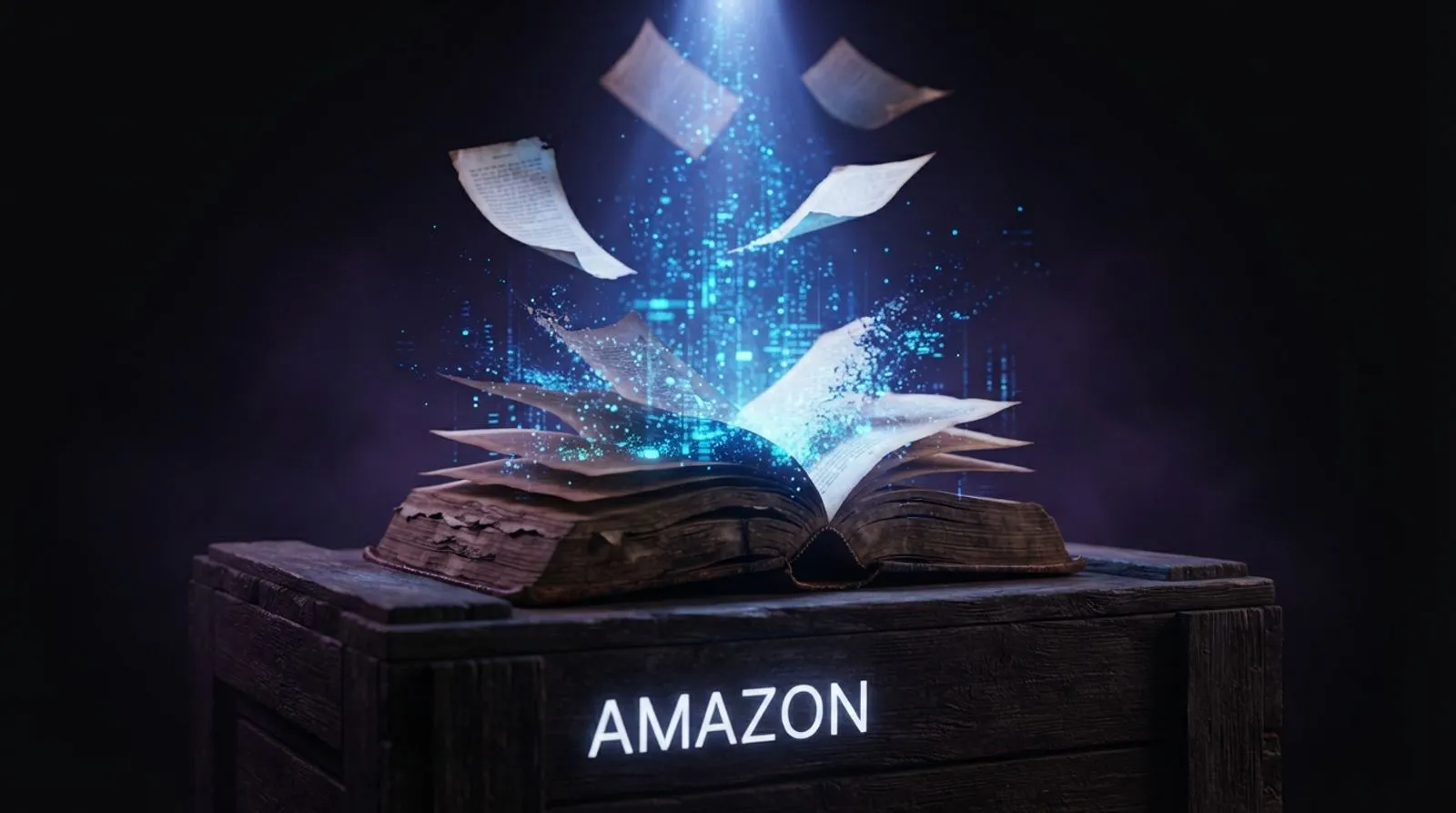 Ilustração escura de um livro antigo aberto sendo escaneado por um feixe de luz azul digital, com a palavra AMAZON em letras brancas ao fundo