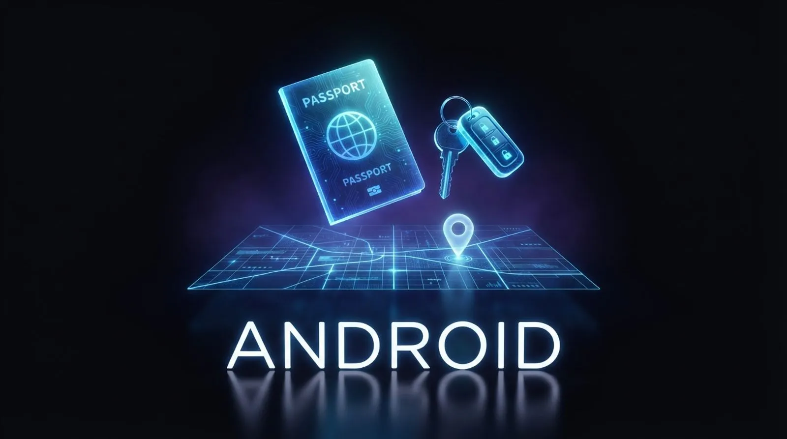 Ilustração editorial escura de um passaporte e um molho de chaves flutuando sobre um mapa digital brilhante em azul e ciano, com a palavra ANDROID em letras brancas