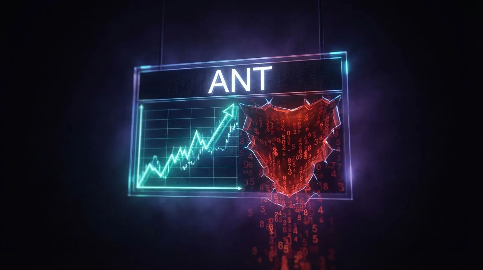 Painel de bolsa de vidro com a palavra ANT em letras brancas, um gráfico azul em alta ao lado de uma cratera vermelha de números despencando