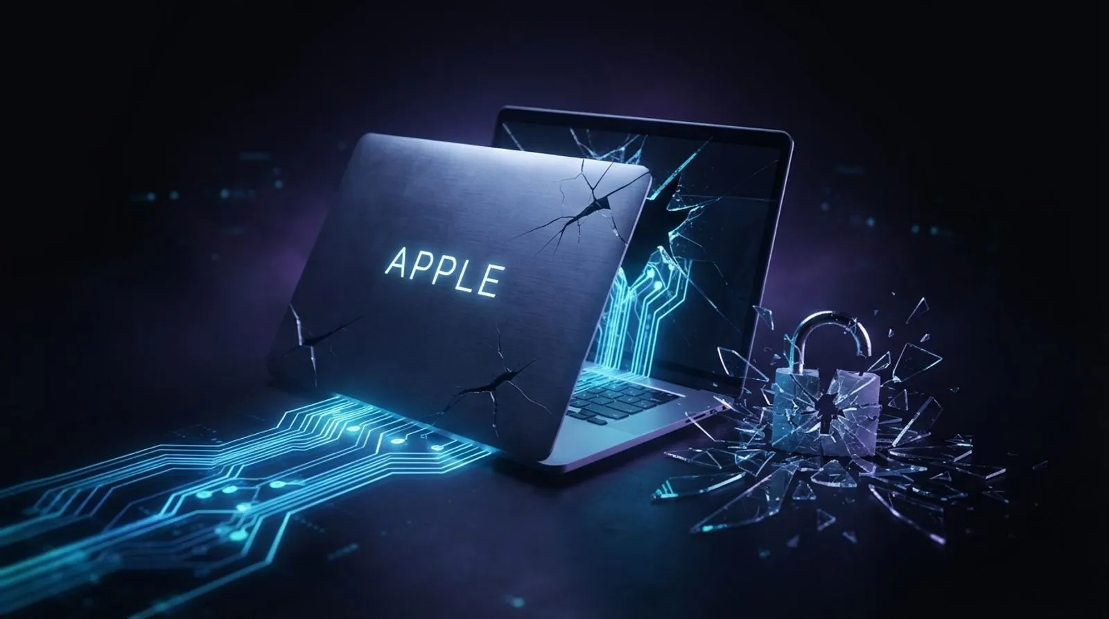 Notebook rachado com um esquema de circuito em luz azul vazando da tela, ao lado de um cadeado de vidro quebrado, com a palavra APPLE em letras brancas