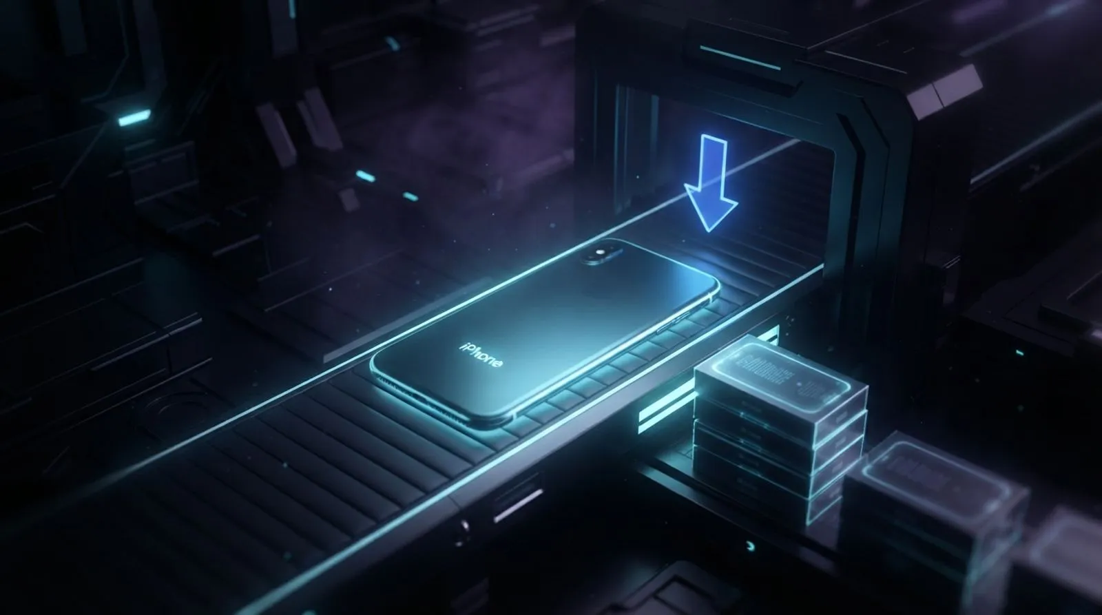 Ilustração de um smartphone com a palavra iPhone sobre uma esteira de fábrica, com seta azul para baixo e caixas de componentes