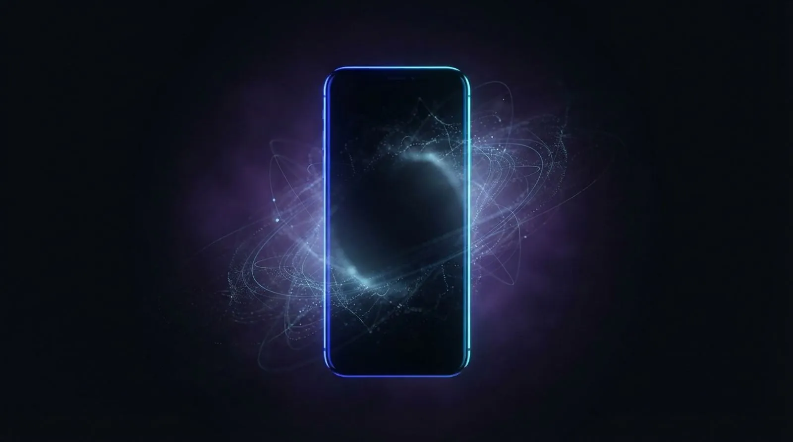 Silhueta de smartphone com aura neural suave emanando da tela