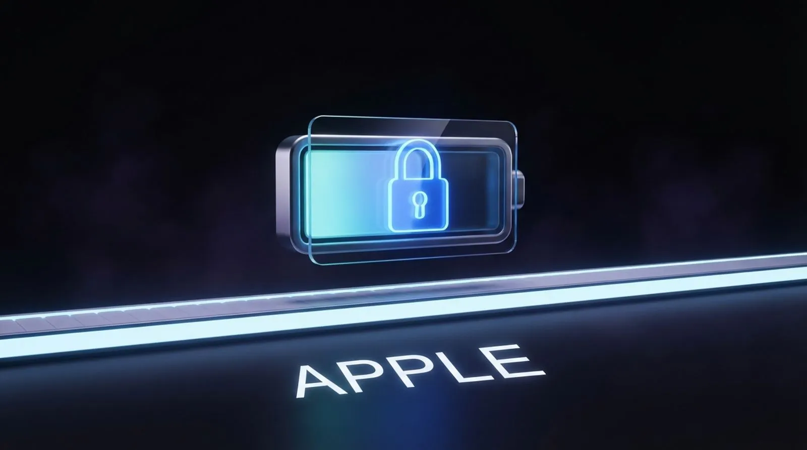 Um iPhone com o ícone de bateria parcialmente preenchido por um cadeado luminoso, sobre uma esteira de fábrica, com a palavra APPLE escrita ao fundo
