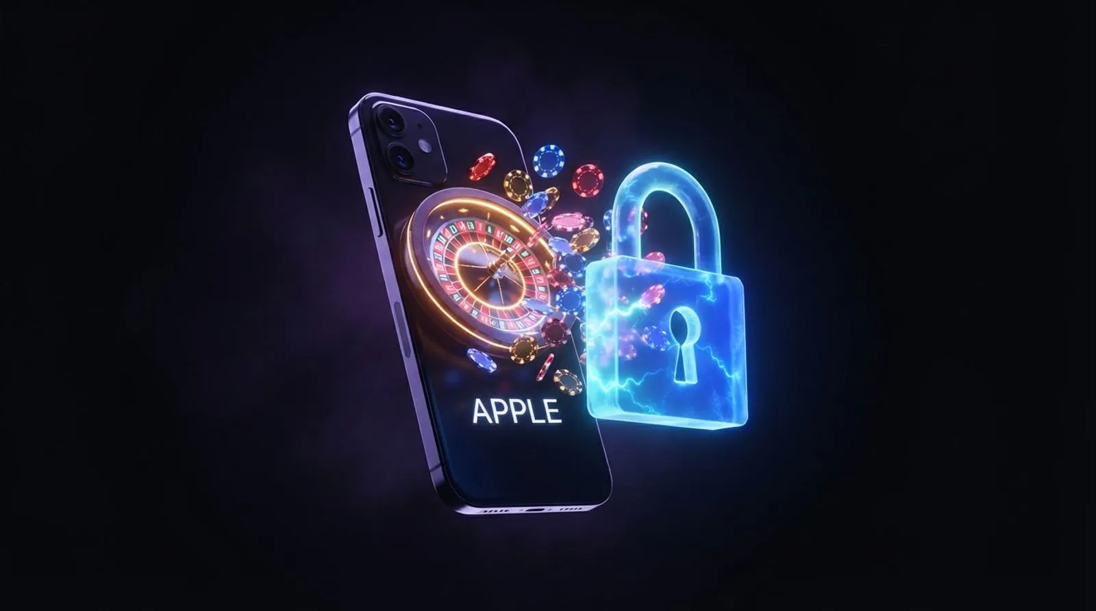 Celular com roleta de cassino e fichas saindo da tela, bloqueado por um cadeado azul brilhante, com a palavra APPLE em letras brancas