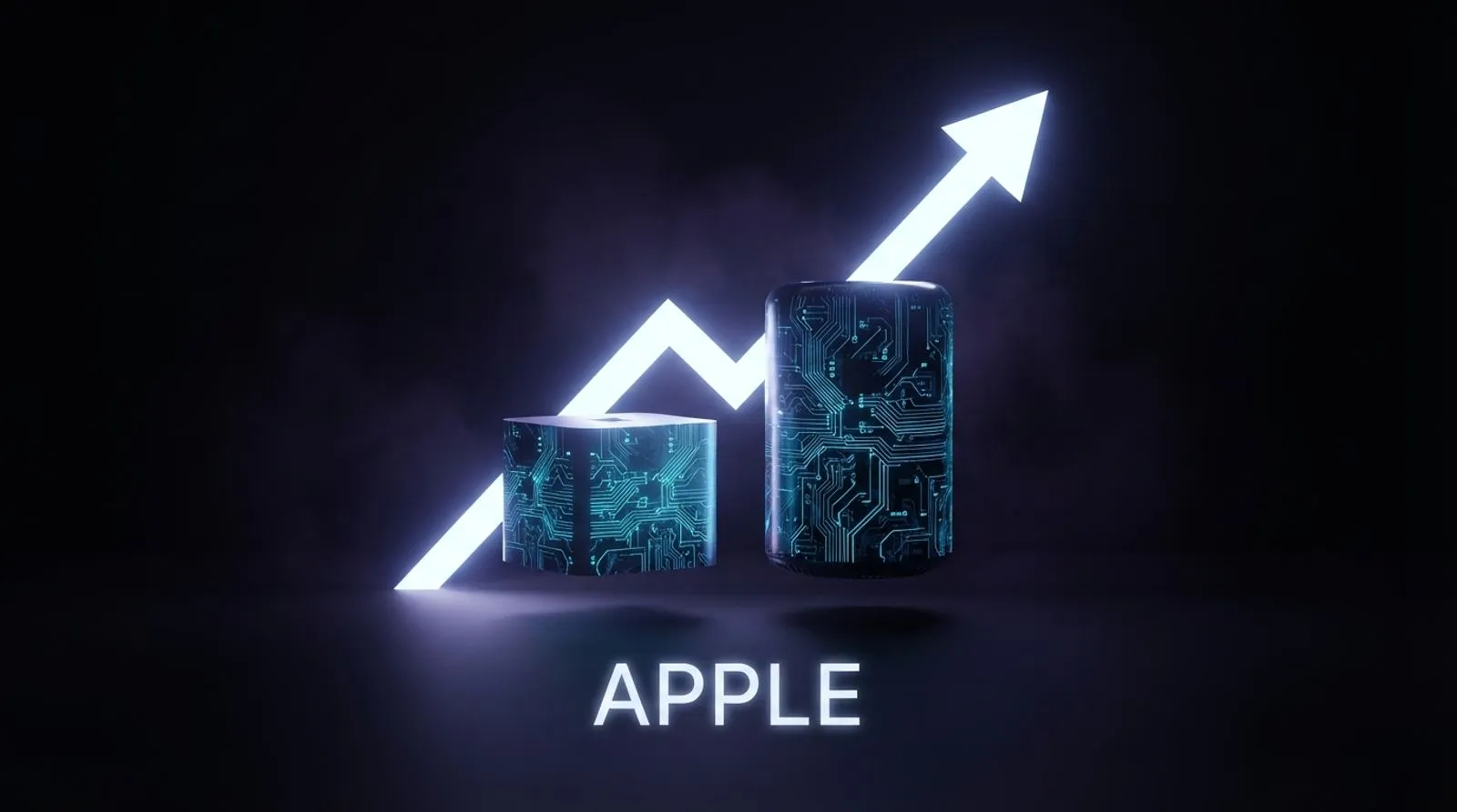 Um mini computador em formato de cubo e uma torre cilíndrica flutuando lado a lado, com uma seta de luz azul subindo atrás deles como um gráfico de preço, e a palavra Apple escrita no chão