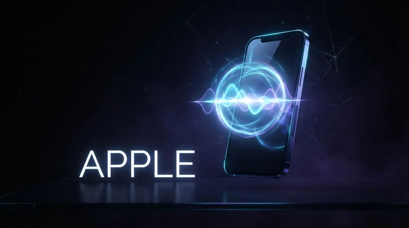 Um iPhone abstrato brilhante com uma esfera de luz e ondas sonoras saindo da tela, e a palavra APPLE escrita em branco sobre uma superfície de vidro