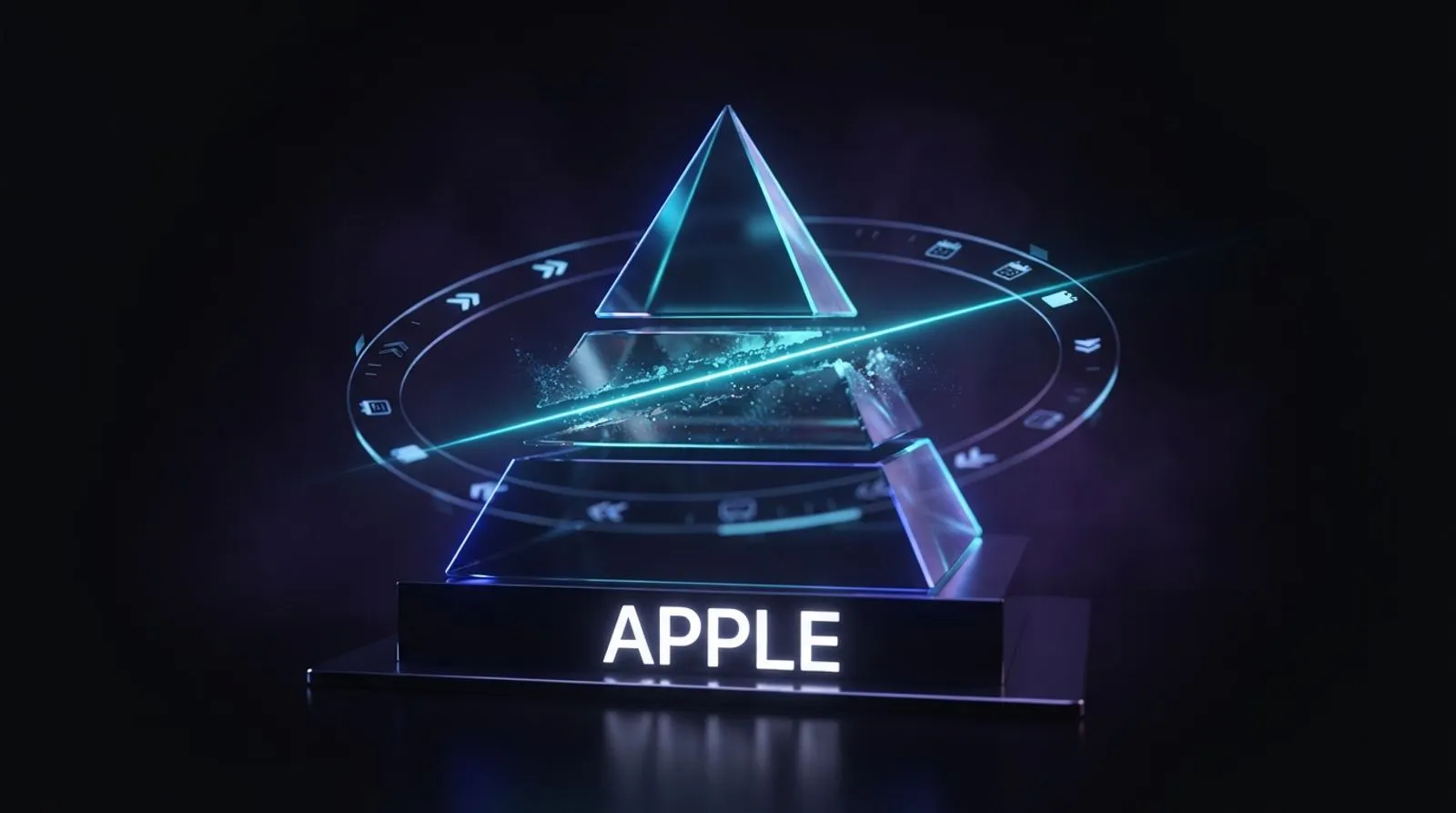 Pirâmide de vidro com a camada do meio cortada por um feixe de luz ciano, anel de calendário ao redor e as letras APPLE na base