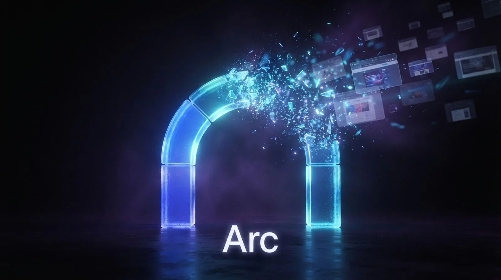 Arco de vidro luminoso se desfazendo em partículas, com janelas de navegador flutuando ao fundo e a palavra Arc em letras brancas