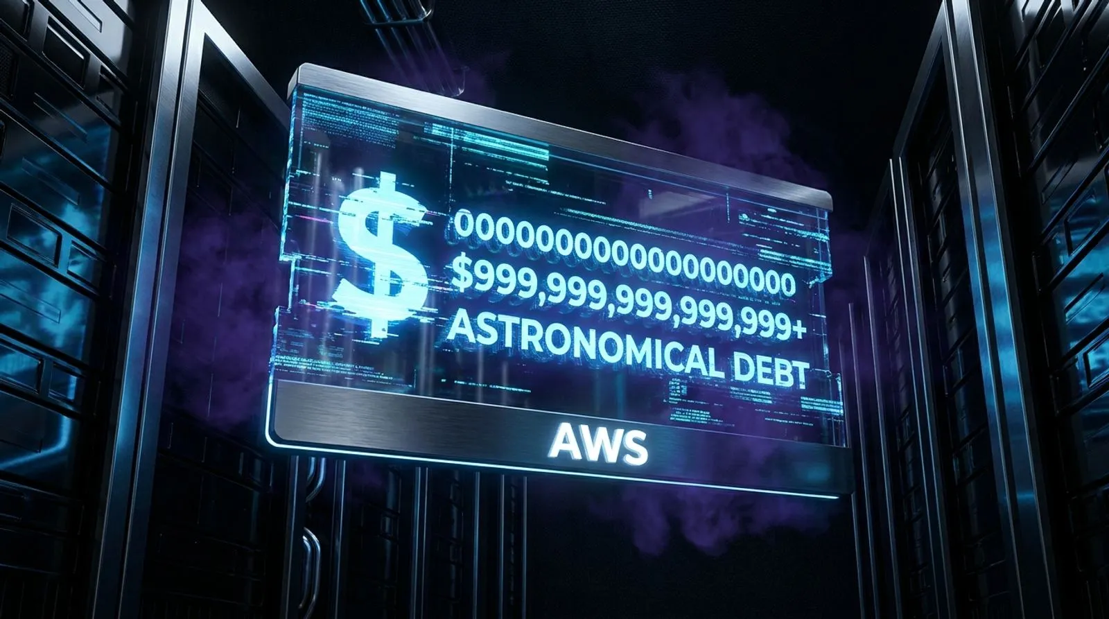 Painel digital escuro mostrando cifras astronômicas em azul brilhante com o texto AWS ao fundo
