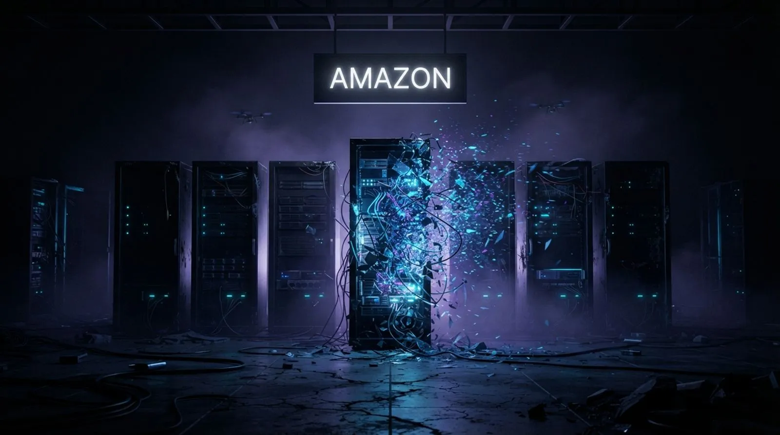 Ilustração escura de um corredor de servidores com um rack se desfazendo em partículas de luz, sob uma placa com o nome AMAZON e drones ao fundo