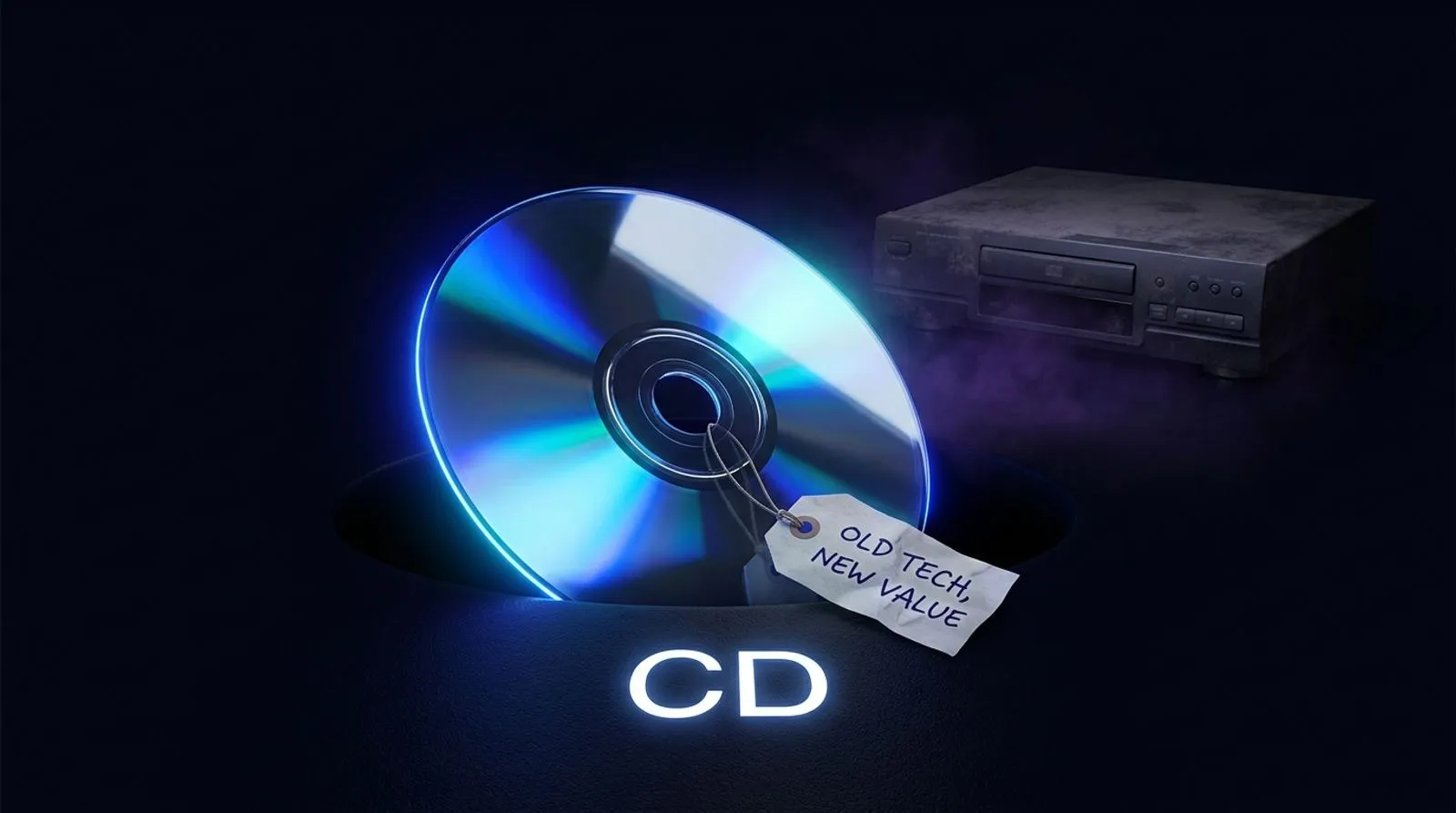 CD brilhante saindo da sombra com etiqueta de preço, e um antigo aparelho de som desligado ao fundo