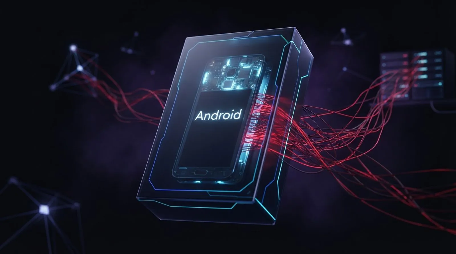Celular dentro de uma caixa transparente com fios vermelhos de dados saindo pela parte de trás e a palavra Android na tela