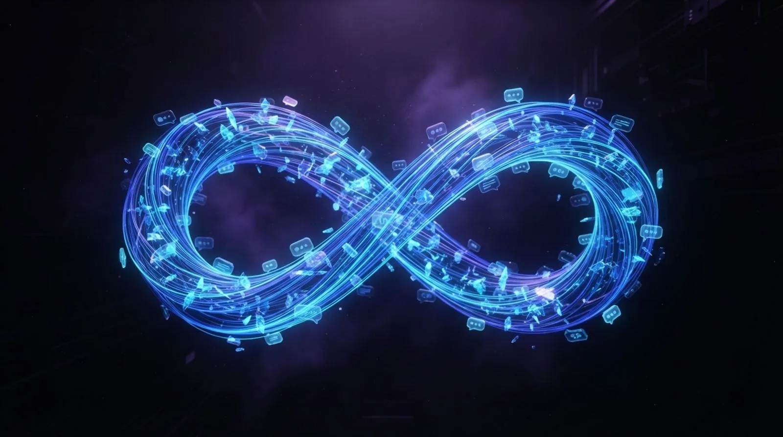 Símbolo de infinito feito de fios de luz conectando fragmentos de memória e balões de conversa