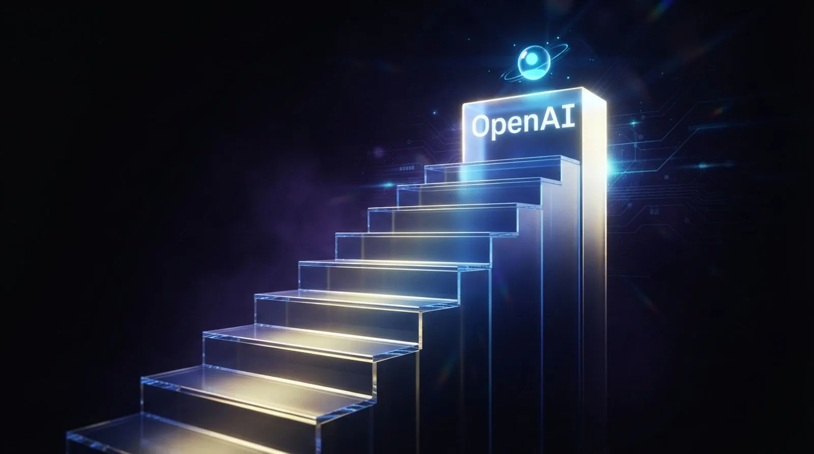 Escada de vidro brilhante em azul e dourado com o degrau mais alto exibindo as letras OpenAI e uma esfera luminosa flutuando acima