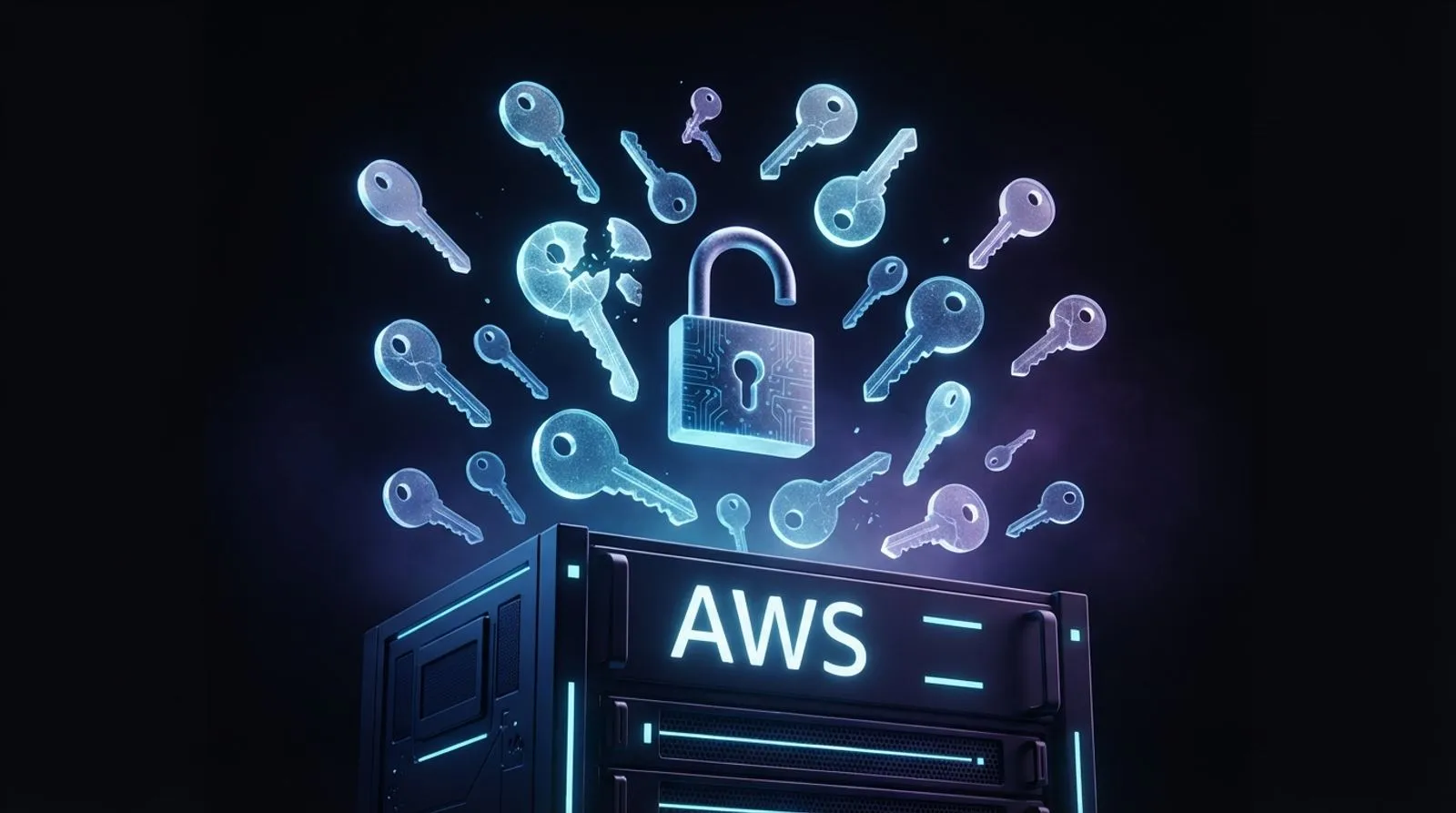 Dezenas de chaves digitais translúcidas flutuando sobre um rack de servidor com um cadeado aberto ao centro, com a palavra AWS escrita no rack