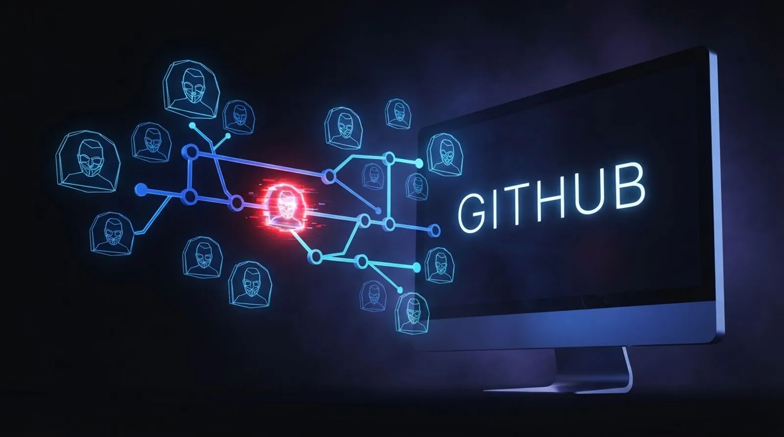 Tela de computador com o texto GITHUB e perfis falsos conectados por linhas, um deles destacado em vermelho