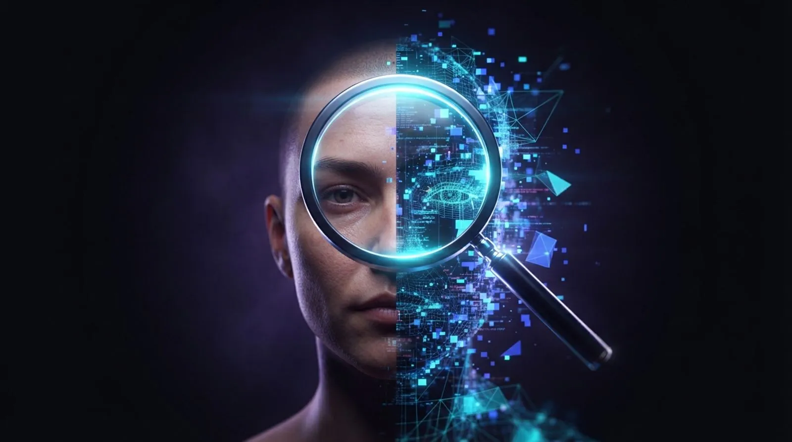 Lupa sobre um rosto digital pixelado, simbolizando a checagem de imagens geradas por inteligência artificial