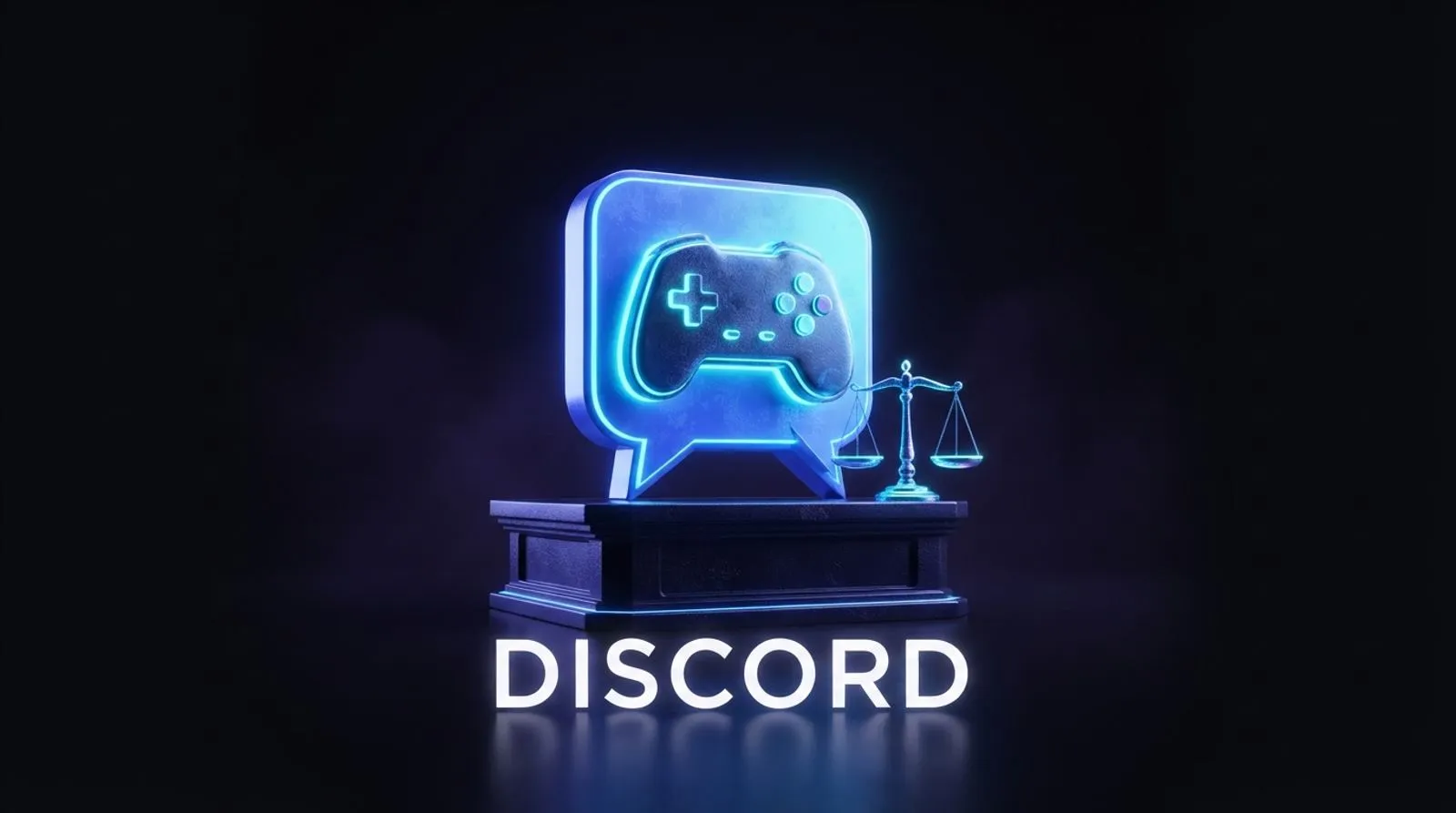 Um ícone de chat com controle de videogame sobre um pedestal, ao lado de uma balança da justiça brilhante, com a palavra DISCORD escrita abaixo