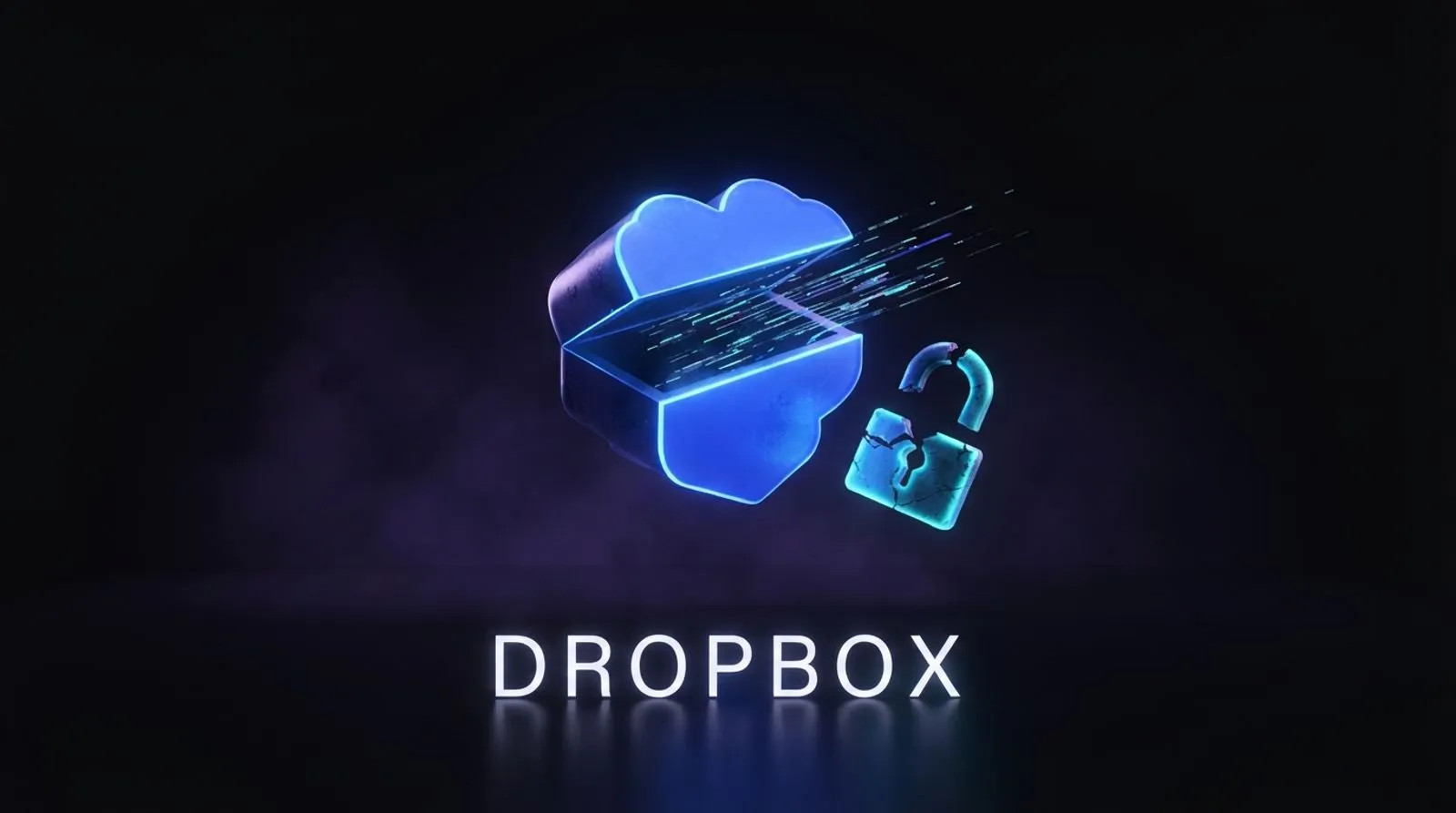 Ilustração editorial escura de uma caixa digital azul brilhante entreaberta com um cadeado quebrado flutuando ao lado, ao lado das palavras DROPBOX e LENOVO em letras brancas