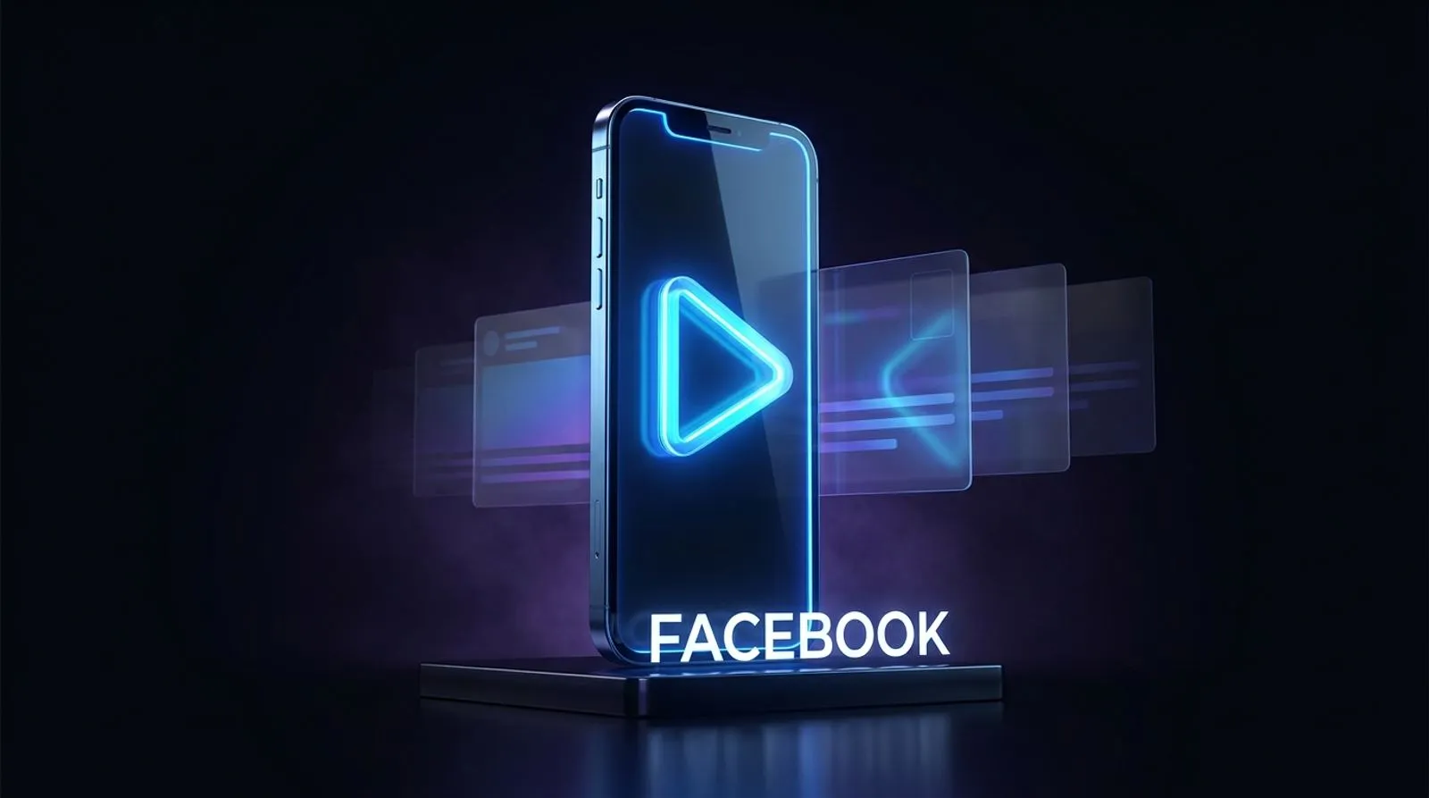 Tela de celular vertical brilhante ocupando toda a cena, com um símbolo de play luminoso e a palavra FACEBOOK em letras brancas