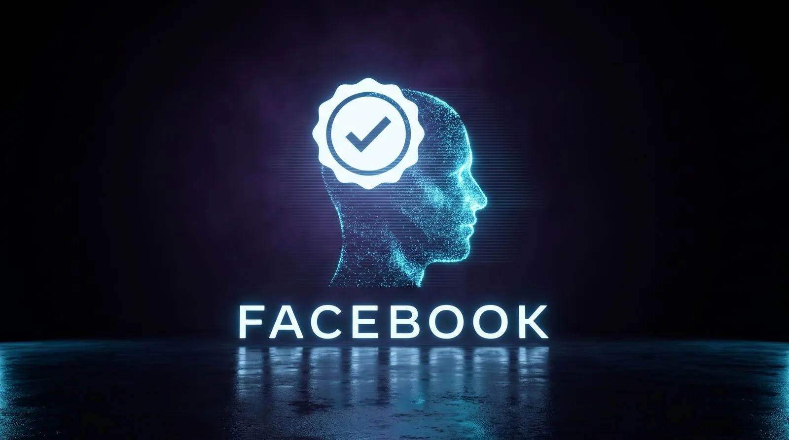 Silhueta de rosto humano em partículas de luz azul sob um selo branco de verificação, com a palavra FACEBOOK em letras brancas