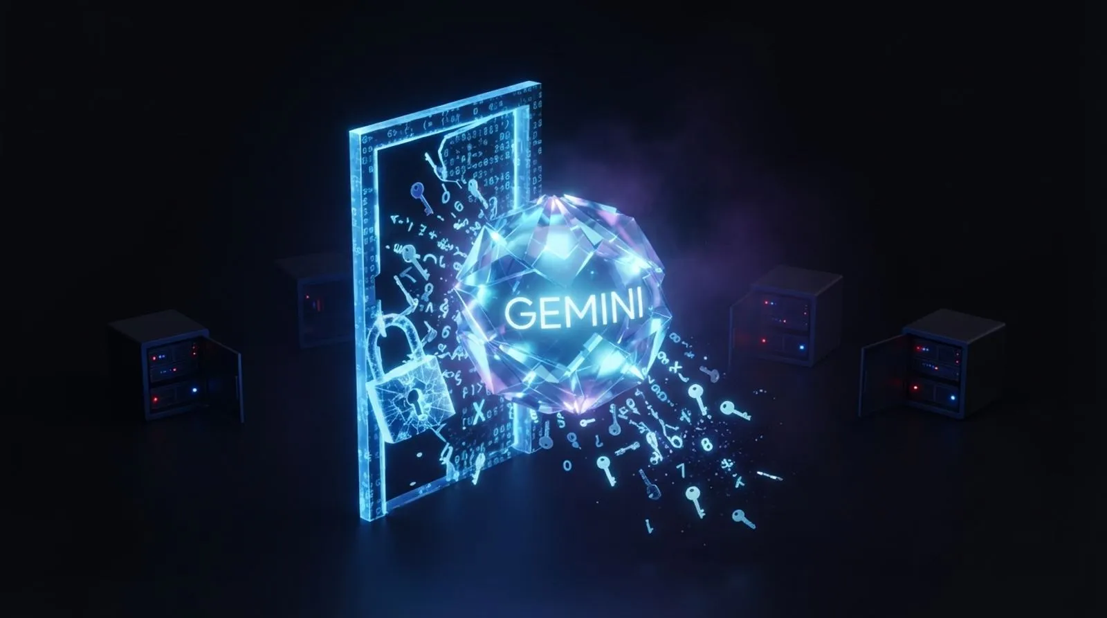 Ilustração escura de uma esfera de cristal brilhante com a inscrição GEMINI atravessando uma porta digital arrombada, cercada por chaves e senhas flutuando