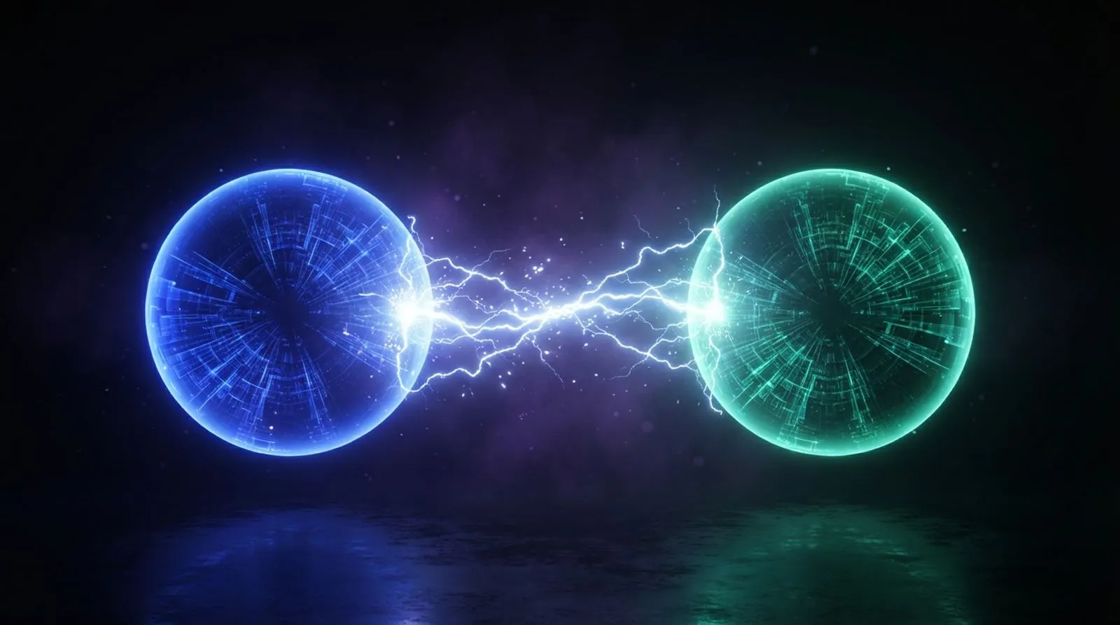 Duas esferas de energia brilhantes frente a frente, uma azul e uma verde, com faíscas entre elas