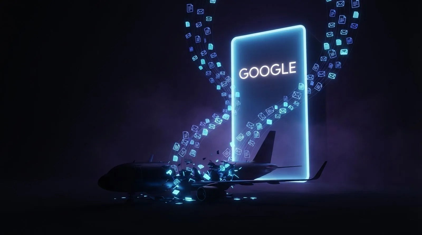 Silhueta escura de um avião se fragmentando em ícones de e-mail e documentos luminosos que sobem em direção a um monólito de servidor brilhante com a palavra GOOGLE