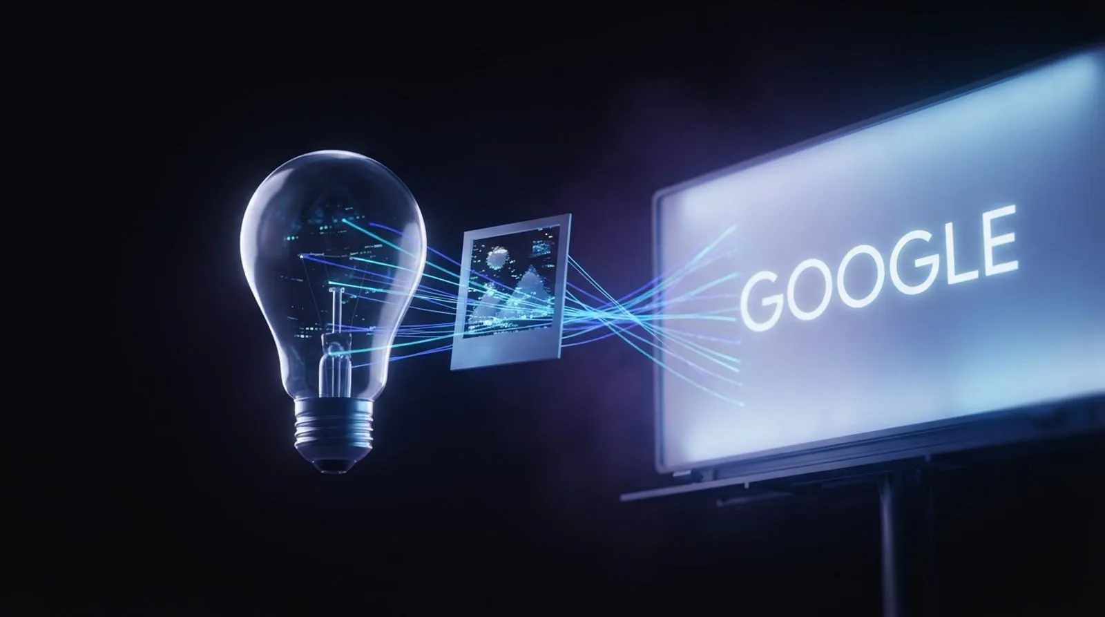 Lâmpada de vidro e uma foto instantânea enviam fios de luz azul a um outdoor luminoso com a palavra GOOGLE