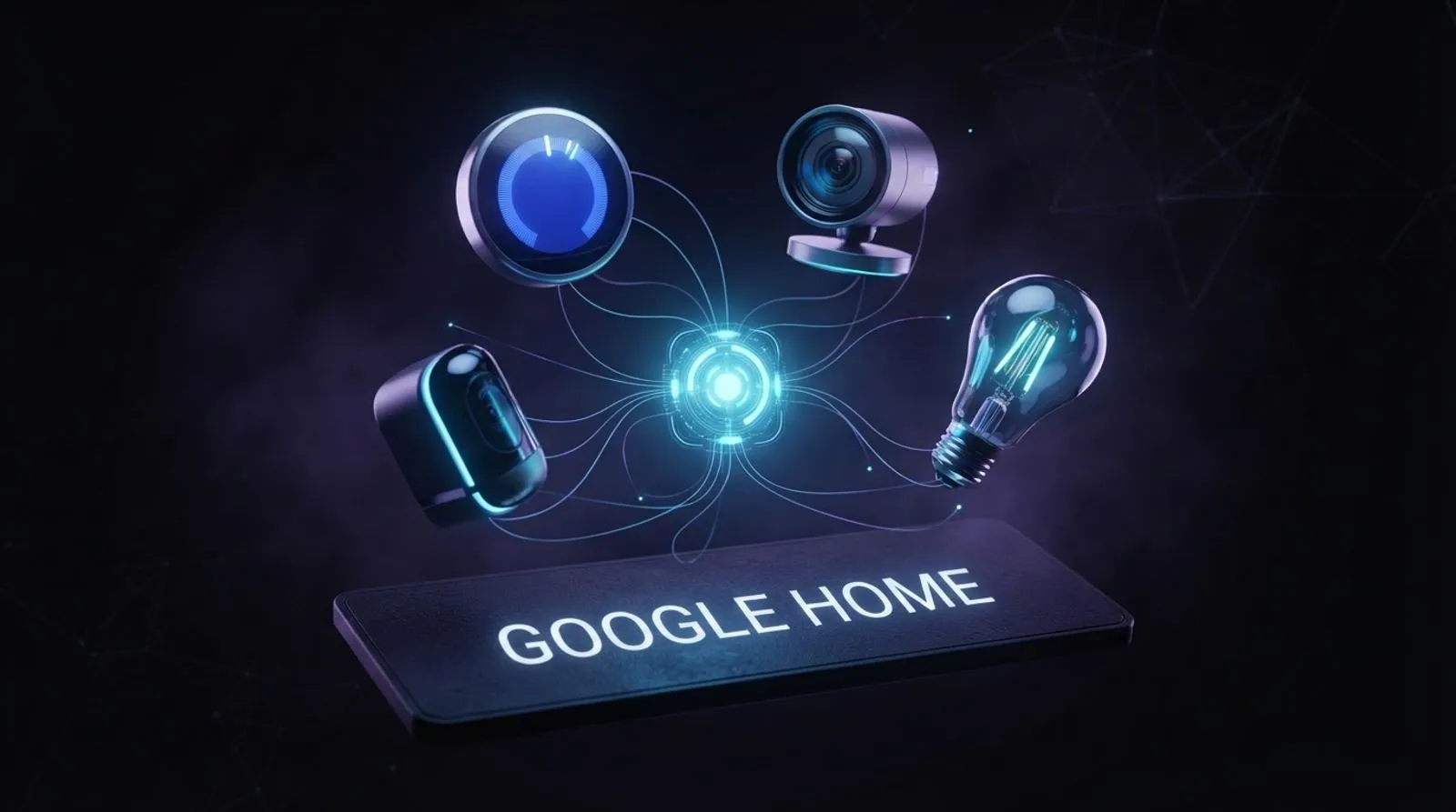 Ilustração escura com termostato, câmera e lâmpada conectados por fios de luz a um núcleo de IA, com a inscrição GOOGLE HOME em um painel