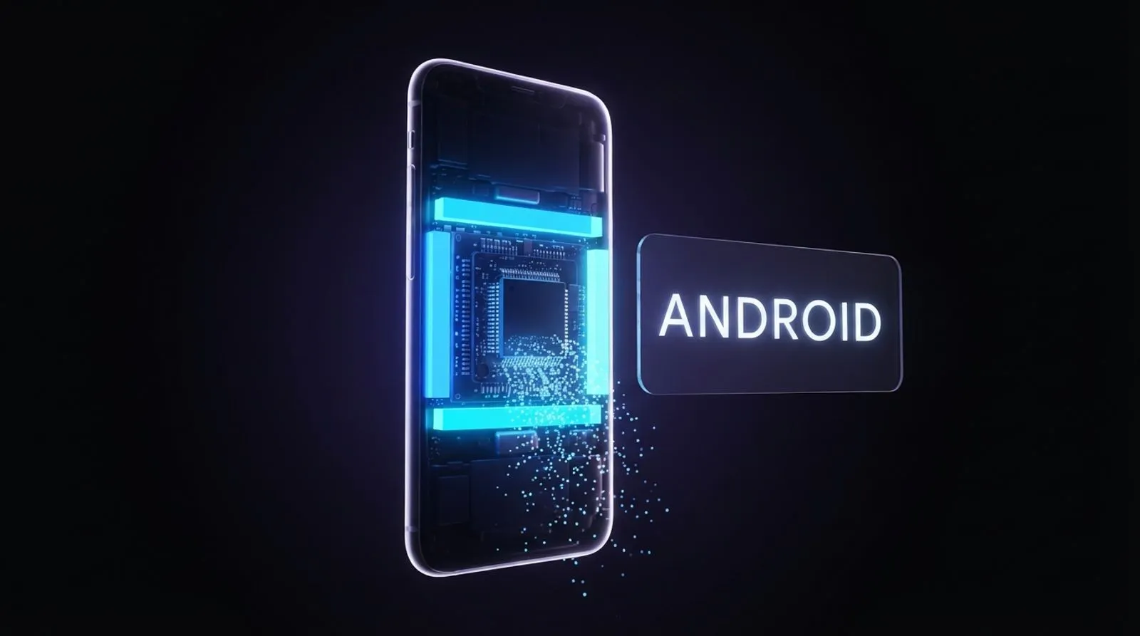 Silhueta translúcida de um smartphone com um chip de memória azul brilhante transbordando partículas de luz, ao lado de um painel com a palavra ANDROID