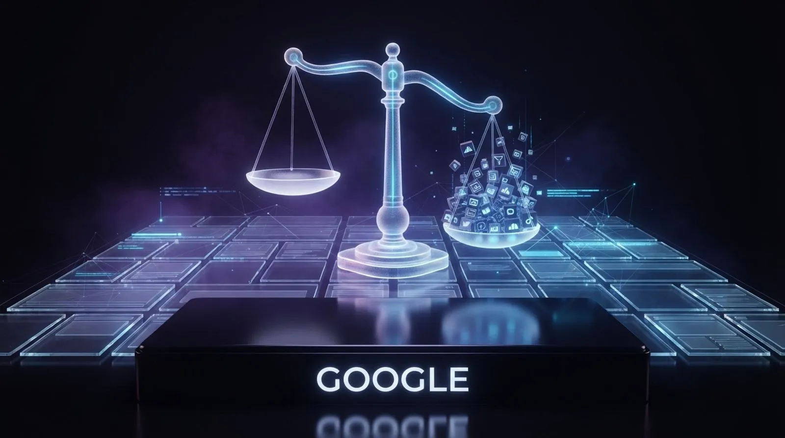 Ilustração editorial escura de uma balança de justiça digital brilhante pairando sobre um leilão de banners de anúncio translúcidos, ao lado da palavra GOOGLE em letras brancas