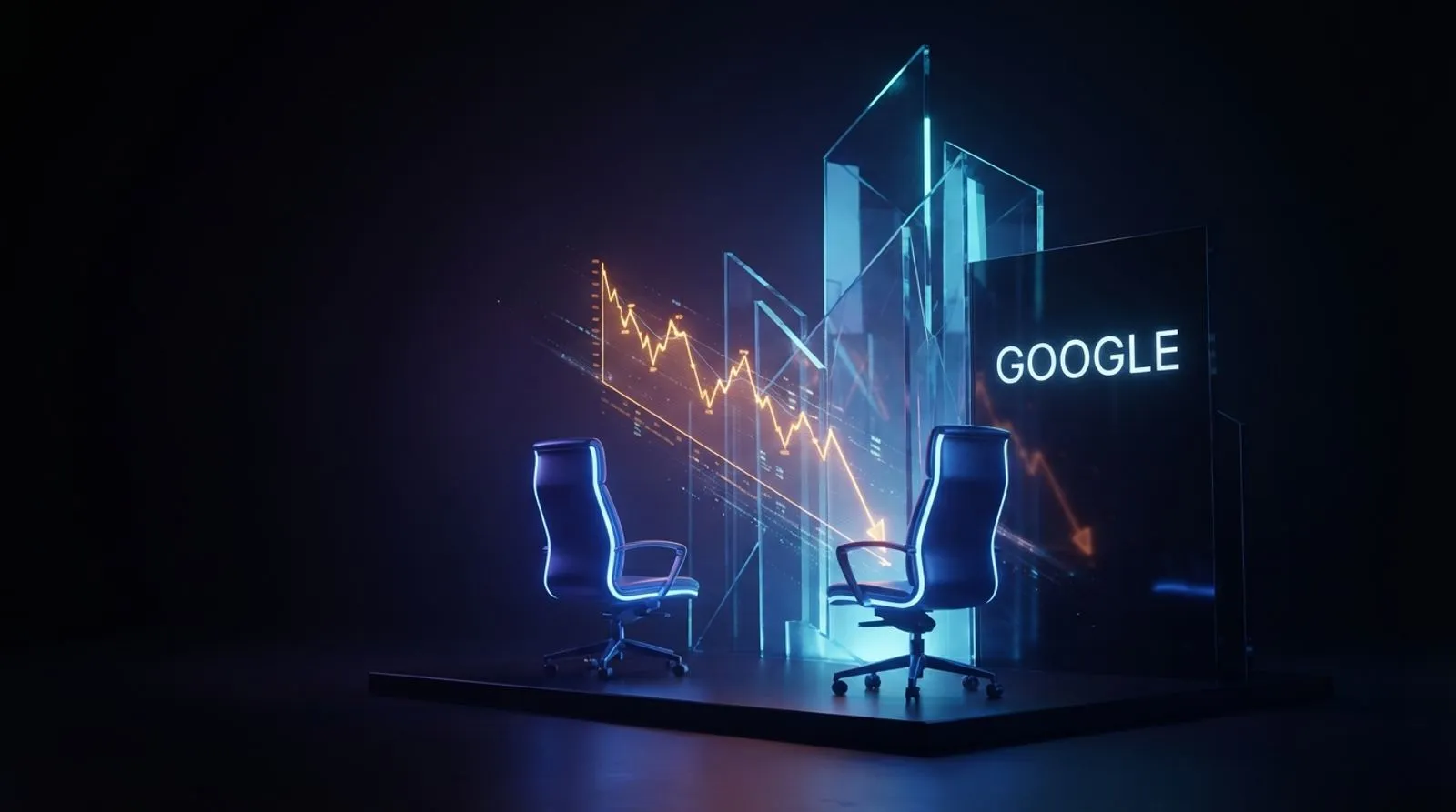 Duas cadeiras de escritório vazias diante de uma estrutura de vidro com o texto GOOGLE e um gráfico de ações em queda