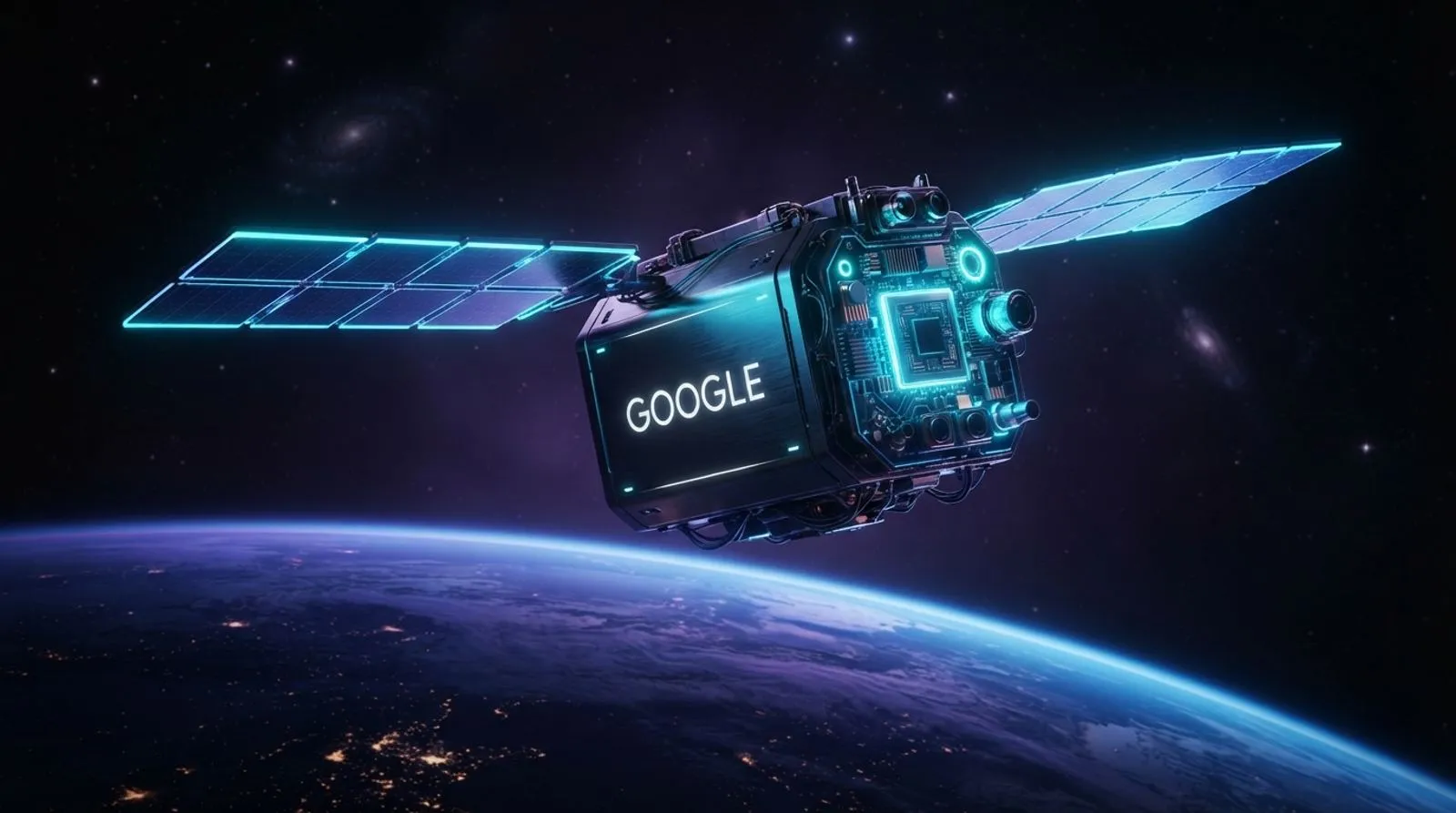 Satélite com painéis solares e módulo de chip em órbita sobre a Terra, com a palavra GOOGLE no casco