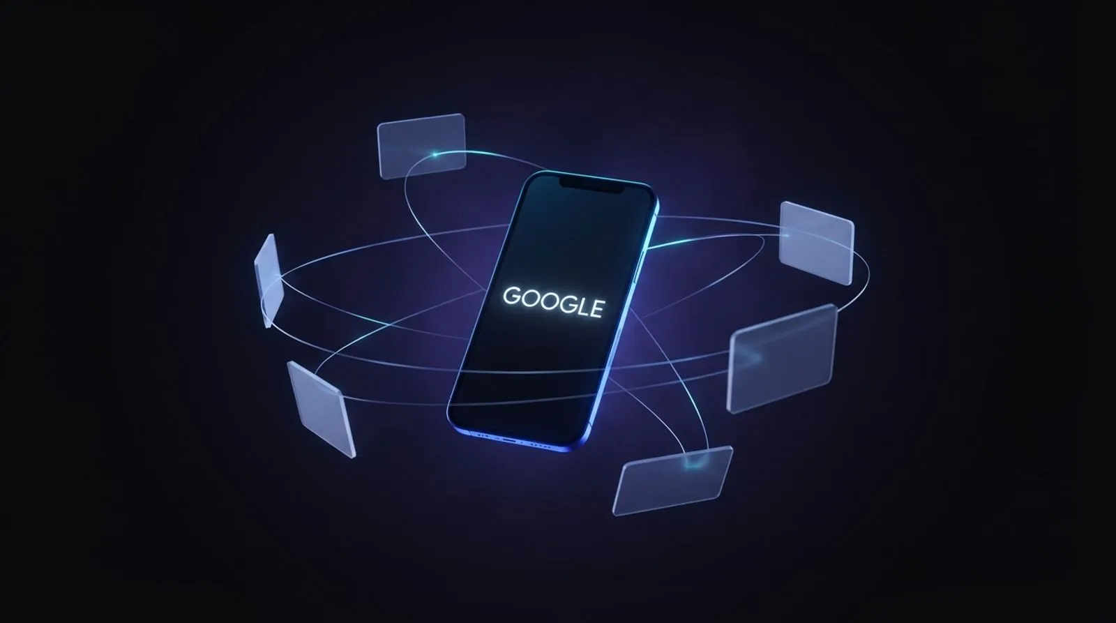 Celular cercado por cartões translúcidos de contas ligados por fios de luz, sob a palavra GOOGLE