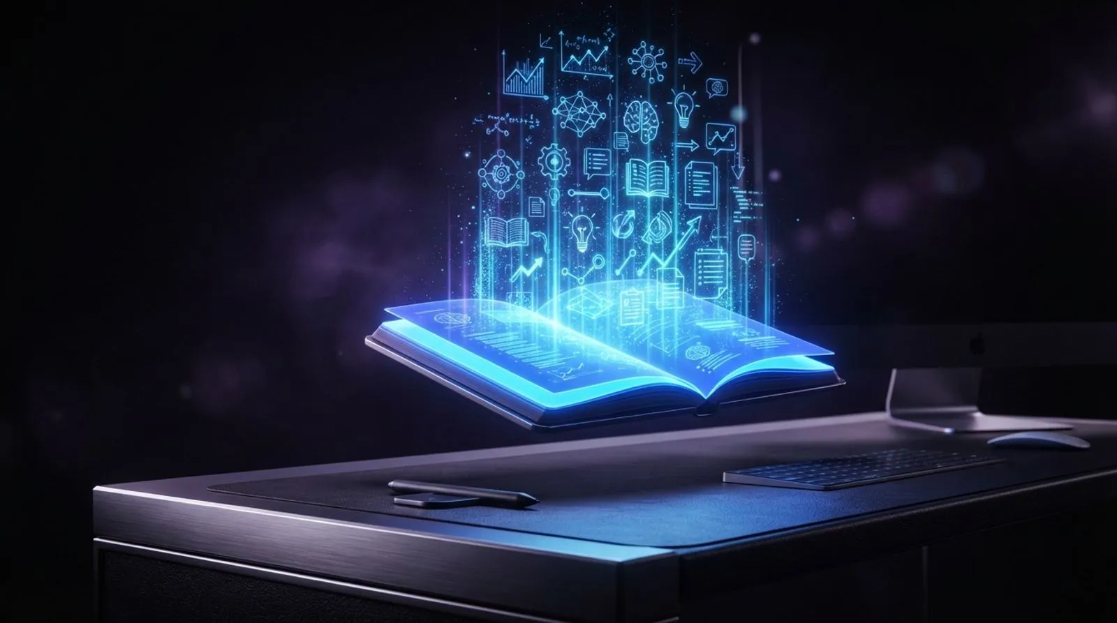 Caderno luminoso flutuando com ícones de estudo e anotações formados por luz