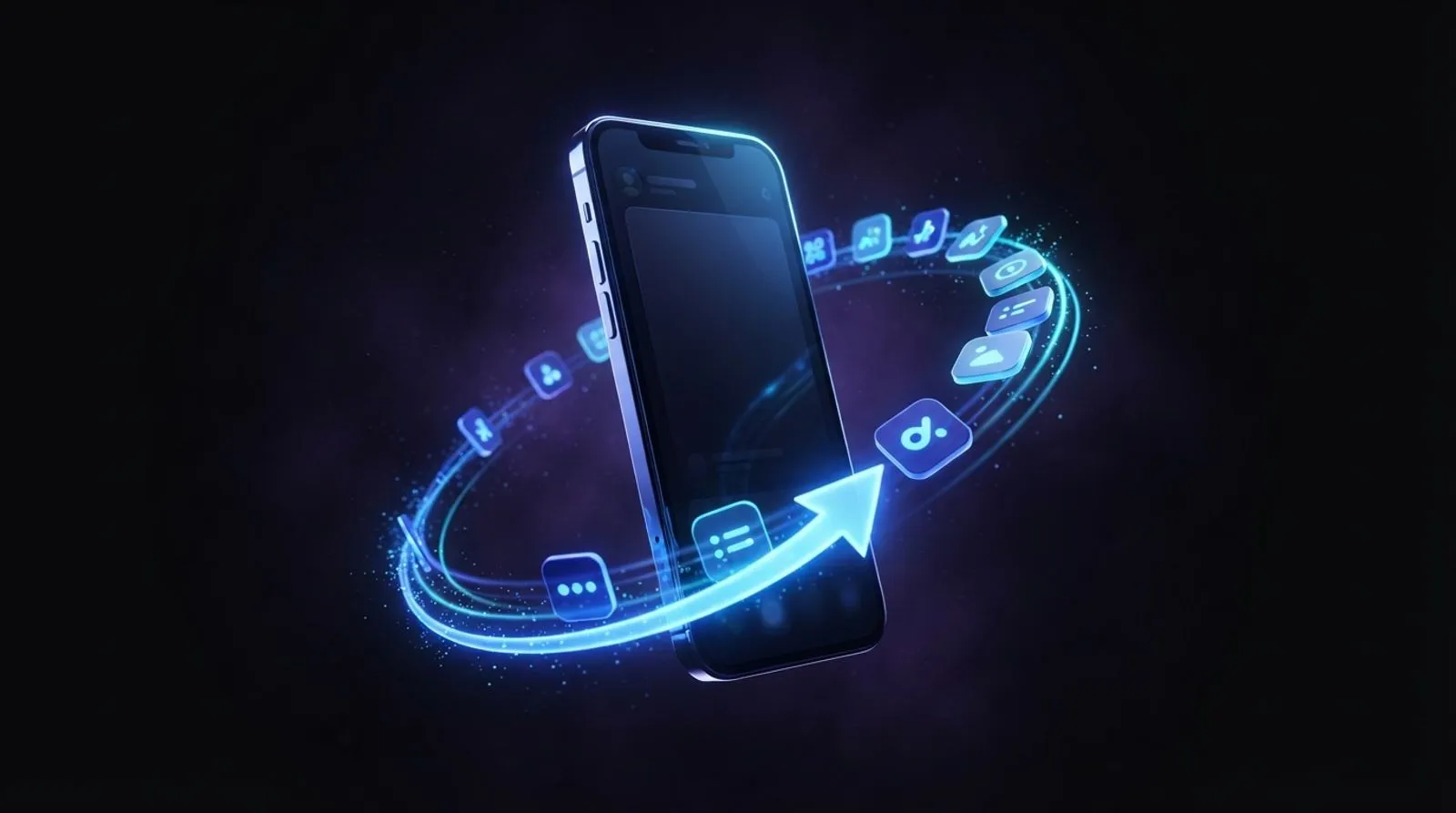 Smartphone flutuando com blocos de aplicativos e uma seta de atualização orbitando ao redor