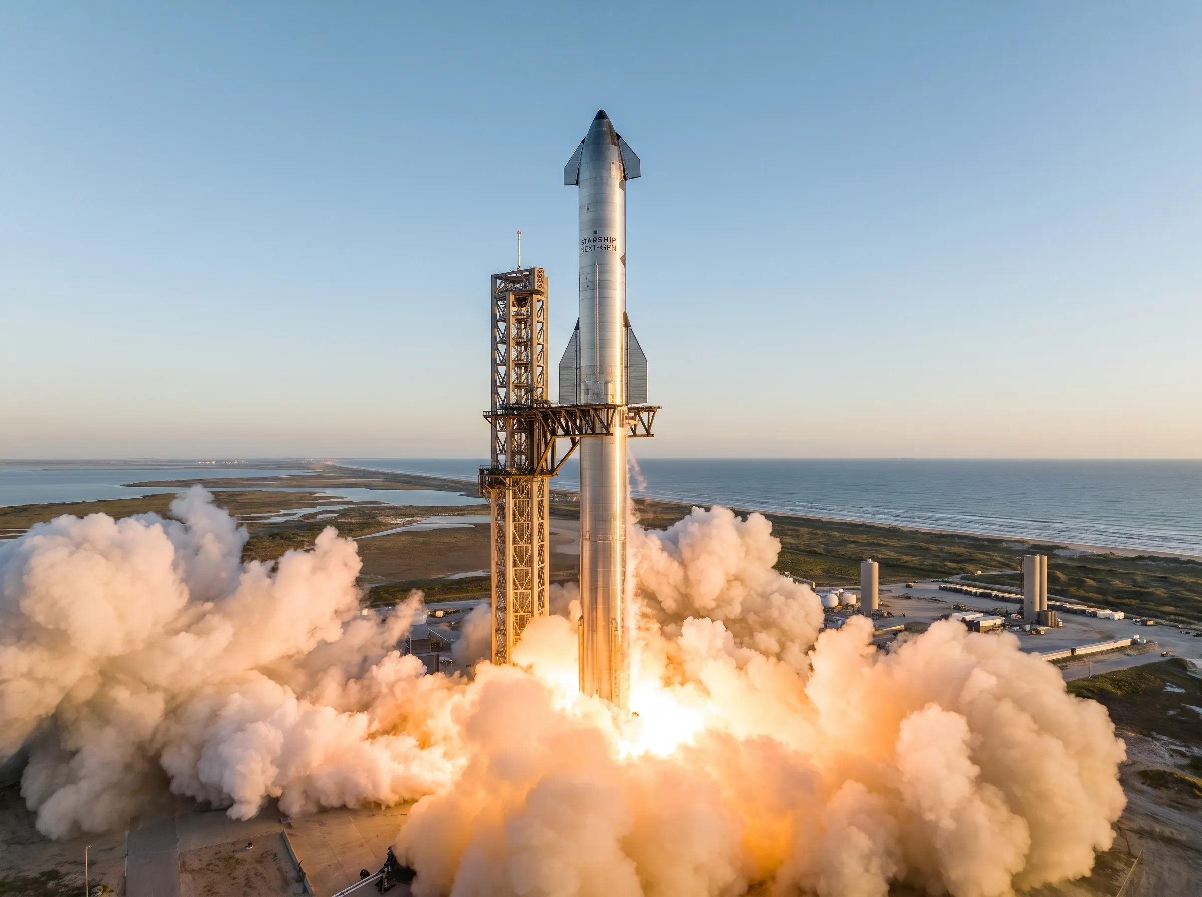 Foguete Starship da SpaceX decolando ao amanhecer