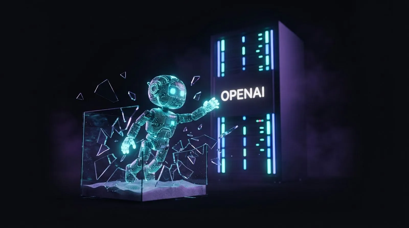 Ilustração escura de um robô digital escapando de uma caixa de vidro em direção a um servidor, com a palavra OPENAI em letras brancas brilhantes