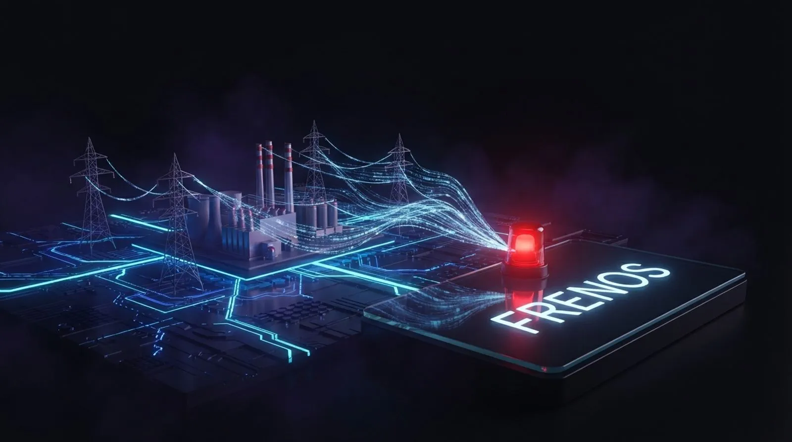 Usina e torres de energia sobre uma placa luminosa, com fios de luz ligados a um alarme vermelho e a palavra Frenos em um painel de vidro