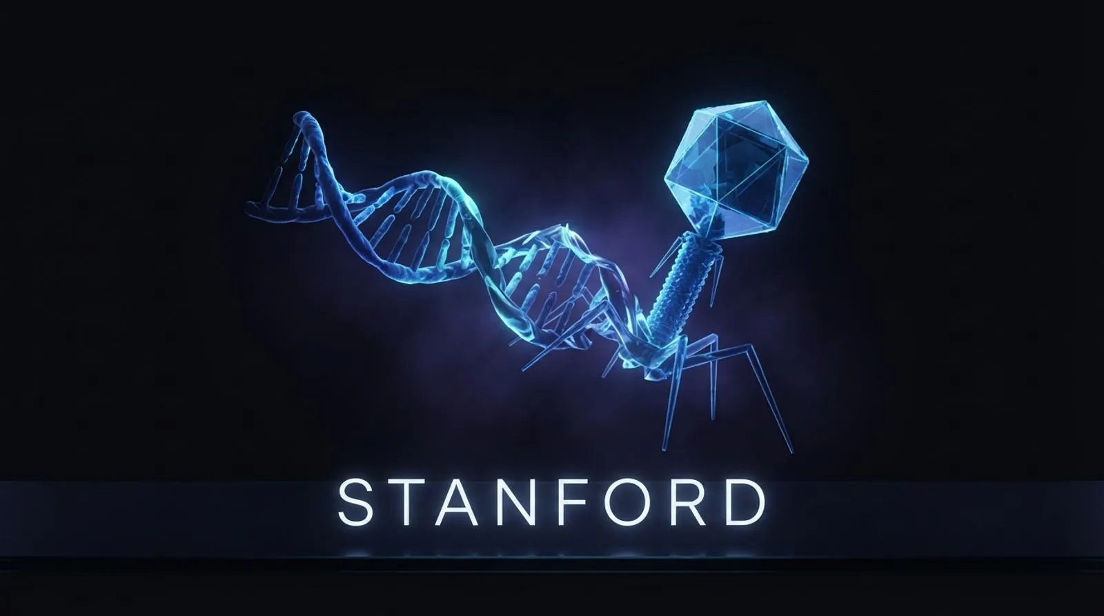 Ilustração abstrata de uma cadeia de DNA azul brilhante se transformando em um vírus contra fundo escuro