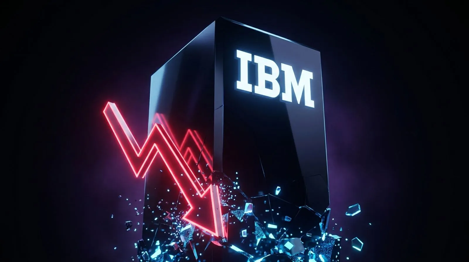 Monólito escuro com as letras IBM rachando na base, cortado por uma seta vermelha de queda