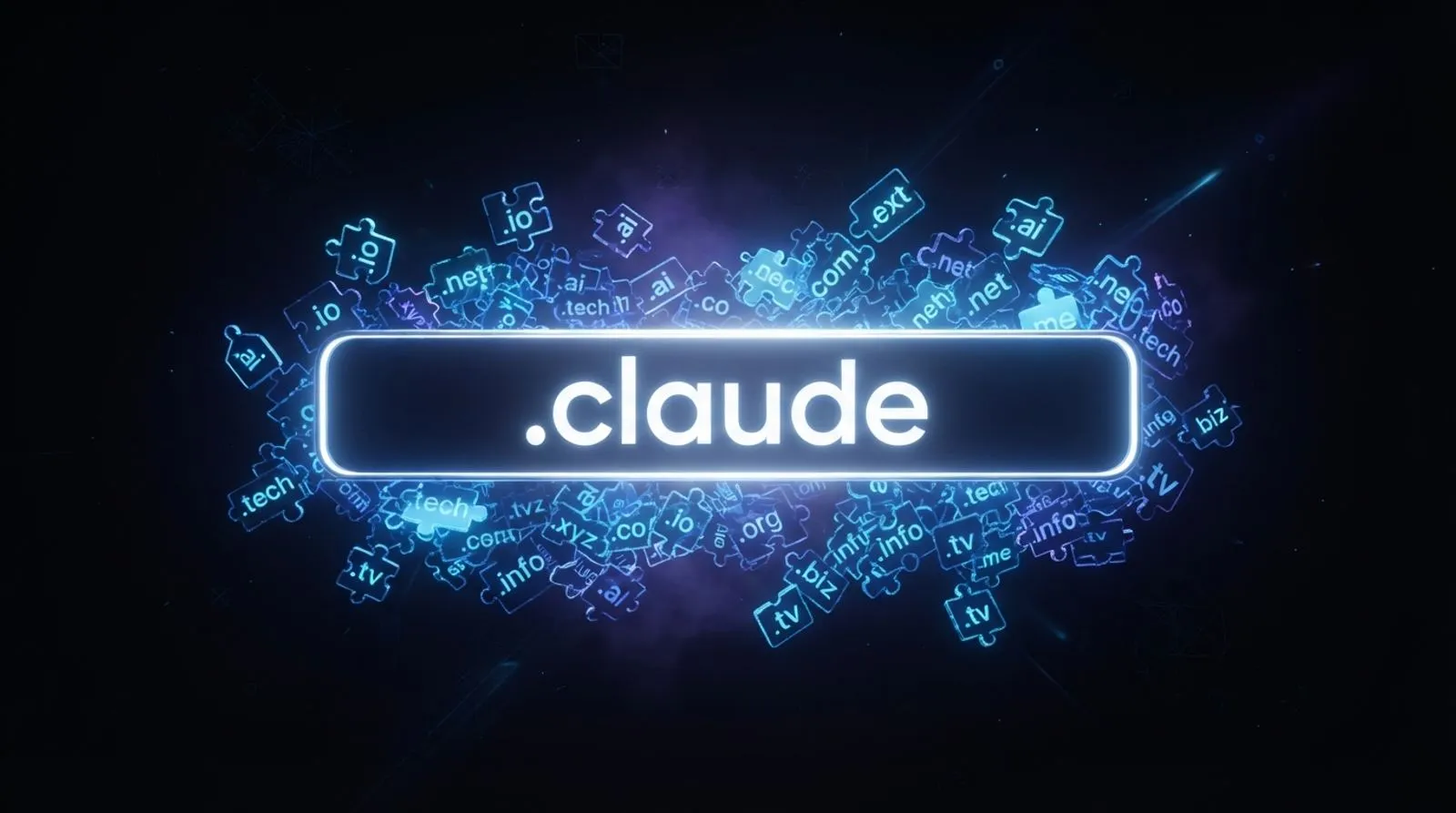 Barra de endereço com a palavra .claude cercada por peças de quebra-cabeça com extensões de site como .io, .ai e .com