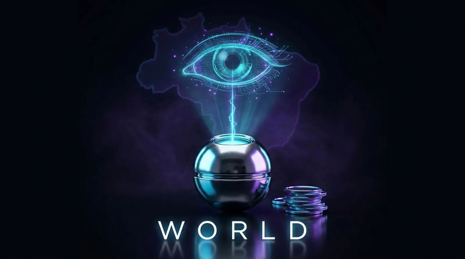 Esfera metálica cromada projetando um feixe de luz sobre um olho holográfico, com moedas ao lado e a palavra WORLD em letras luminosas