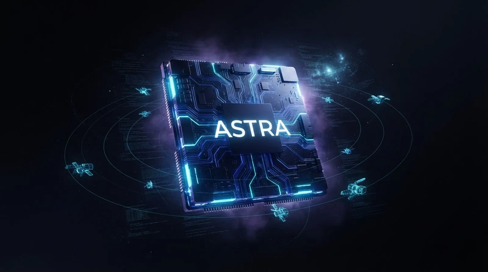 Ilustração escura de um chip brilhante em azul elétrico com a palavra ASTRA gravada, sugerindo poder computacional avançado