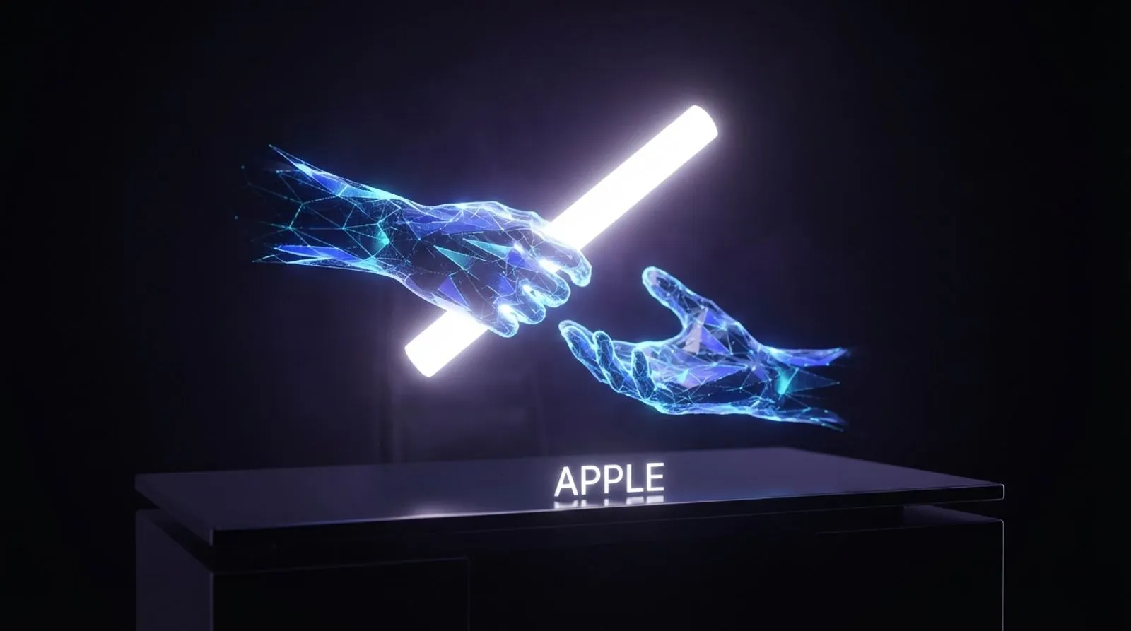 Duas mãos abstratas em luz azul passando um bastão brilhante uma para a outra sobre uma mesa escura com a palavra APPLE em letras brancas
