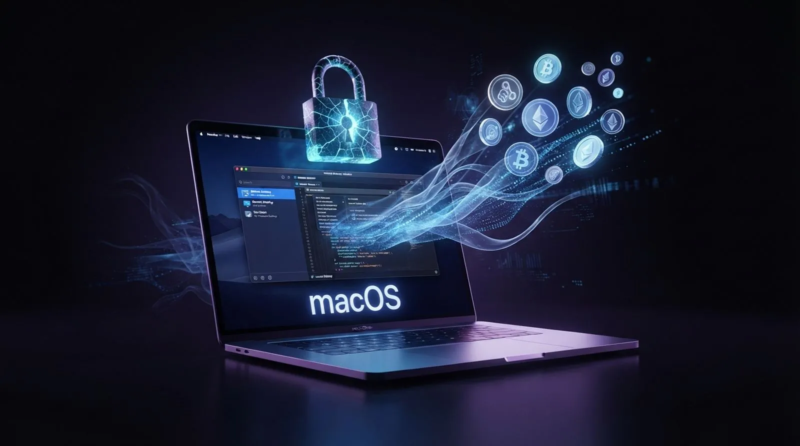 Um laptop com a palavra macOS na tela, um cadeado rachado brilhando acima dele e ícones de criptomoedas saindo da tela em fios de luz azul