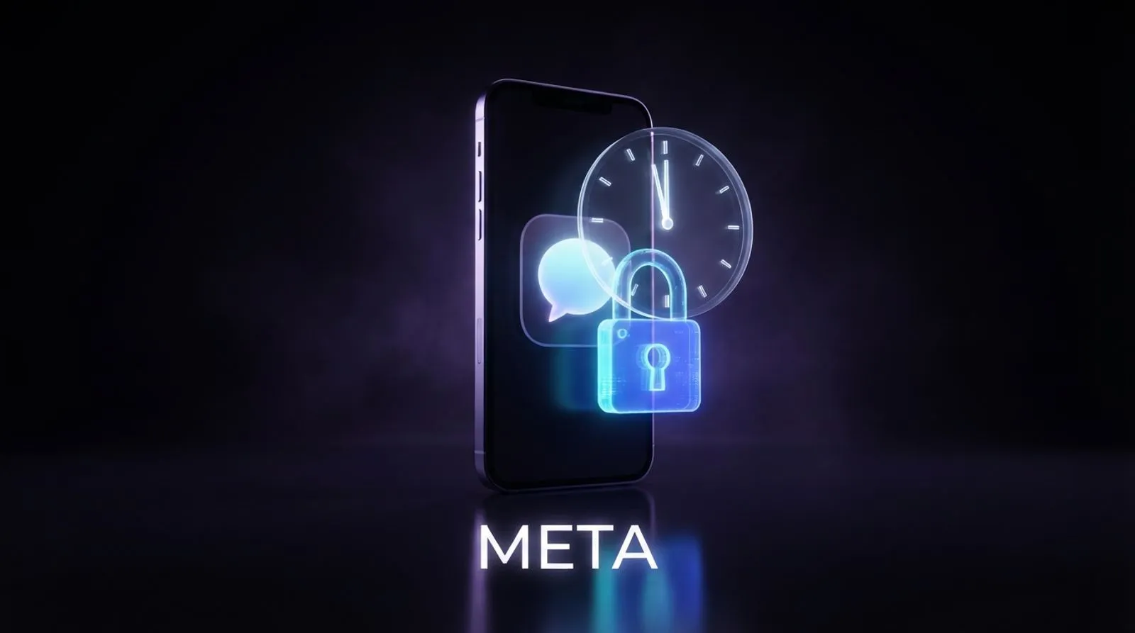 Um celular com um ícone de mensagem sendo trancado por um cadeado e um relógio digital brilhante, com a palavra META escrita abaixo
