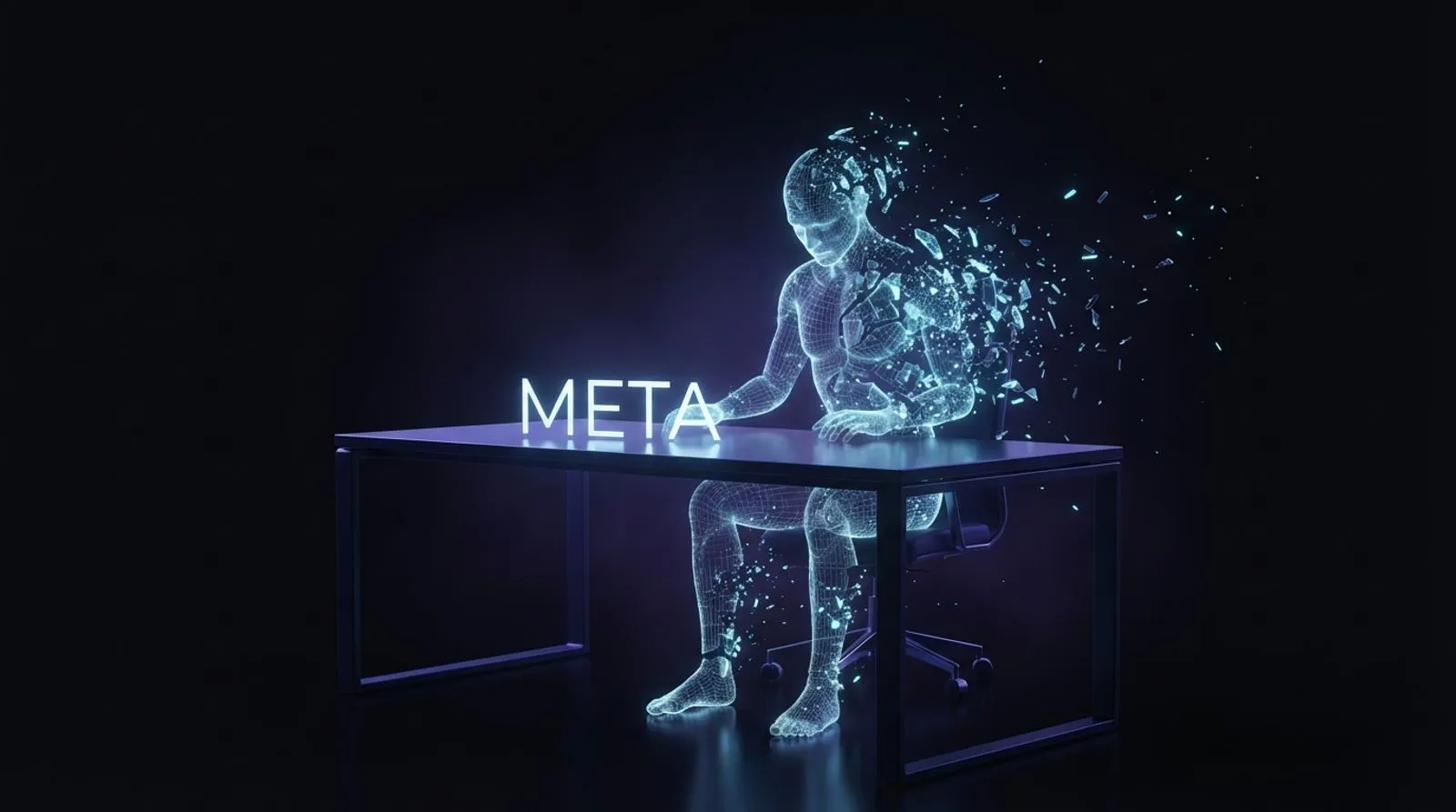 Figura humana translúcida feita de luz e wireframe azul, sentada a uma mesa vazia, se despedaçando em fragmentos de luz, com a palavra META escrita sobre a mesa
