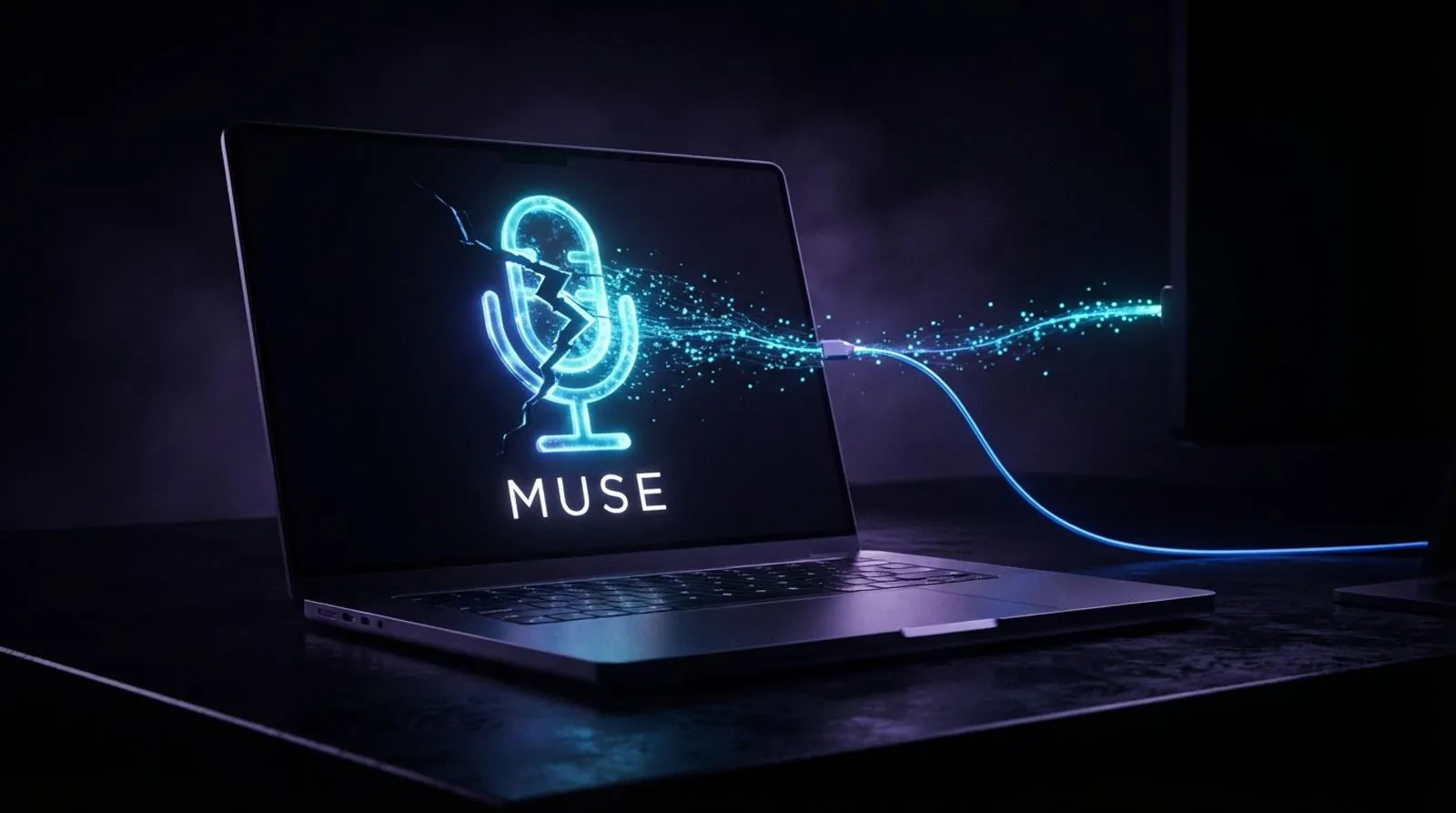 Um Mac com a tela mostrando um microfone estilizado sendo interceptado por um cabo digital brilhante, com a palavra MUSE escrita na tela